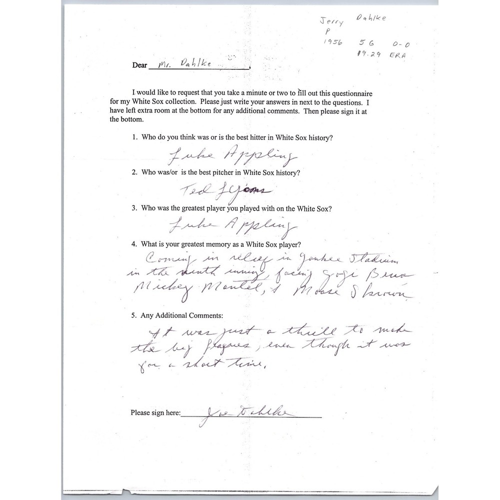 Joe Dahlke Autograph Signed White Sox Baseball Questionnaire Document